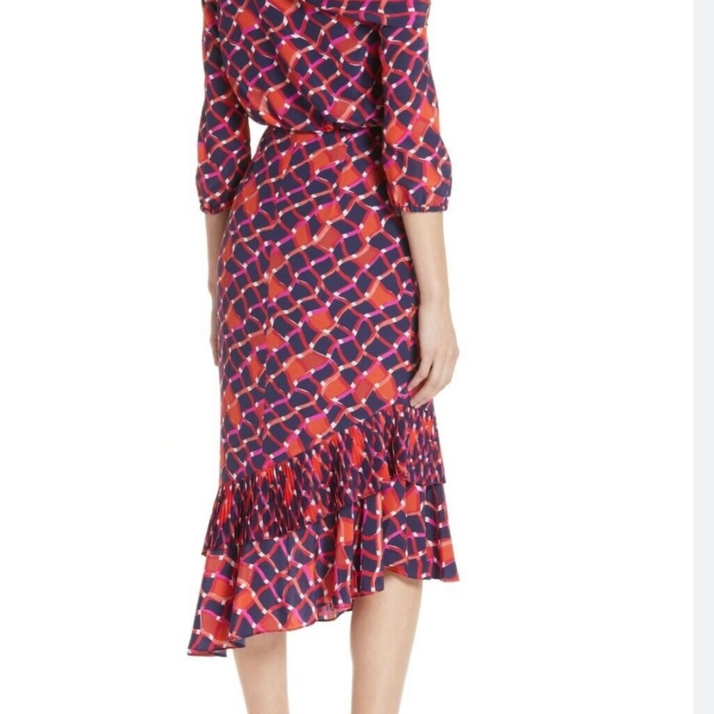 Saloni Maze Red Navy Pink Print LEXIE Asymmetric off the shoulder dress, Size 10